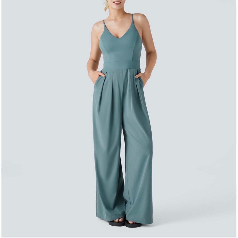 Halara Breezeful Wideleg Sleeveless Jumpsuit SP Pockets Teal/Blue